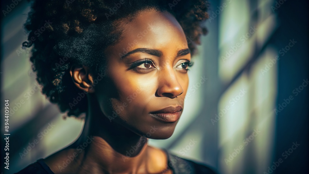 Intense gaze absent in unfocused background, dramatic shadows accentuate solemn facial features of African American woman's contemplative expression. Intense gaze absent in unfocused background, dramatic shadows accentuate solemn facial features of African American woman's contemplative expression.