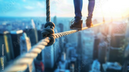 Person walks on tightrope high above city closeup image. Thrill and risk of balancing in urban environment close up photography. Skyscrapers sunlight. Courage concept photo realistic