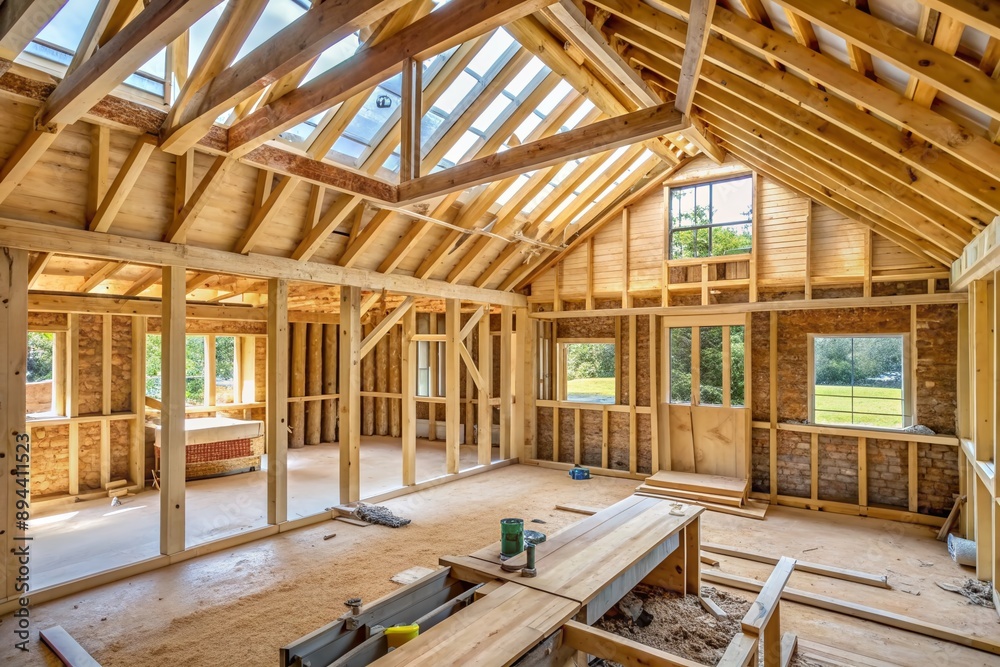 Exposed wooden beams and joists create a natural, rustic ambiance in this unfinished UK timber frame house, with insulation and wiring visible throughout. Exposed wooden beams and joists create a natural, rustic ambiance in this unfinished UK timber frame house, with insulation and wiring visible throughout.