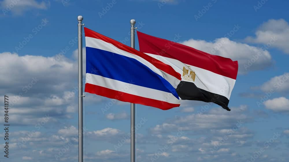 Egypt and Thailand flags flying together, video concept of the relationship, two country relations concept