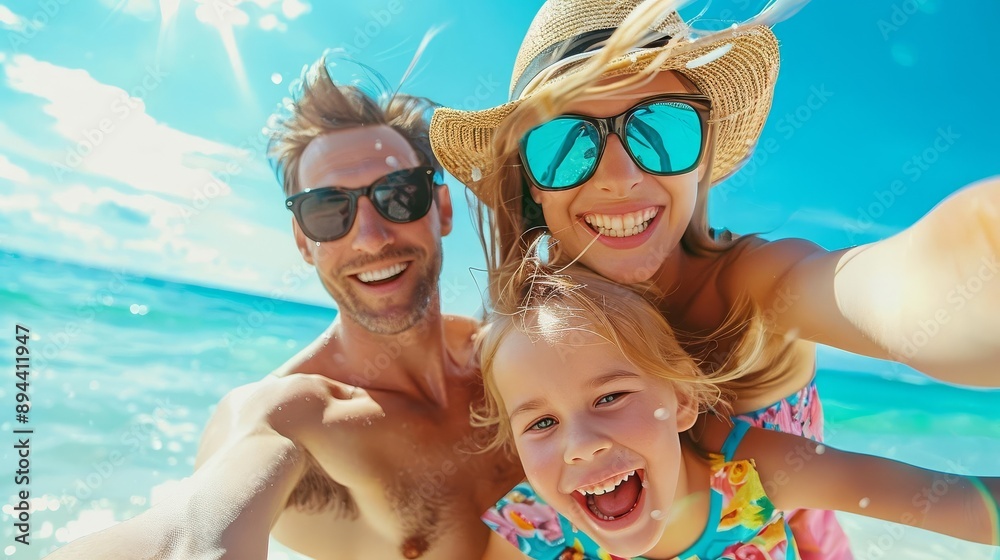 Happy family enjoying a beach vacation. Smiling parents and child taking a selfie under the bright sun and clear blue sky. Happy family enjoying a beach vacation. Smiling parents and child taking a selfie under the bright sun and clear blue sky.