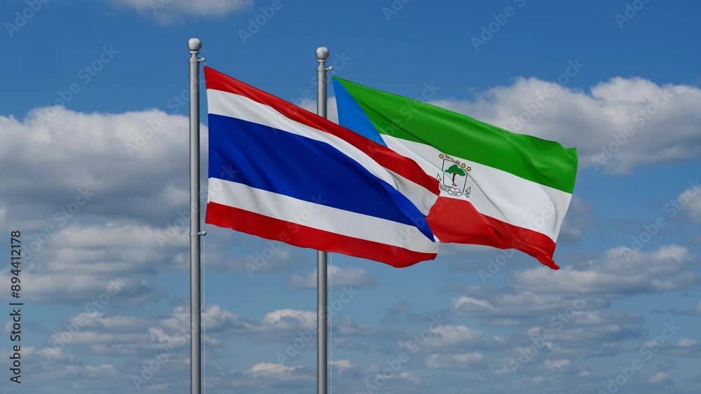 Equatorial Guinea and Thailand flags flying together, video concept of the relationship, two country relations concept