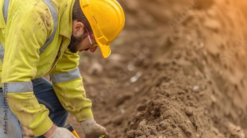 Engineer performing soil testing at a construction site, onsite survey, geotechnical engineering
