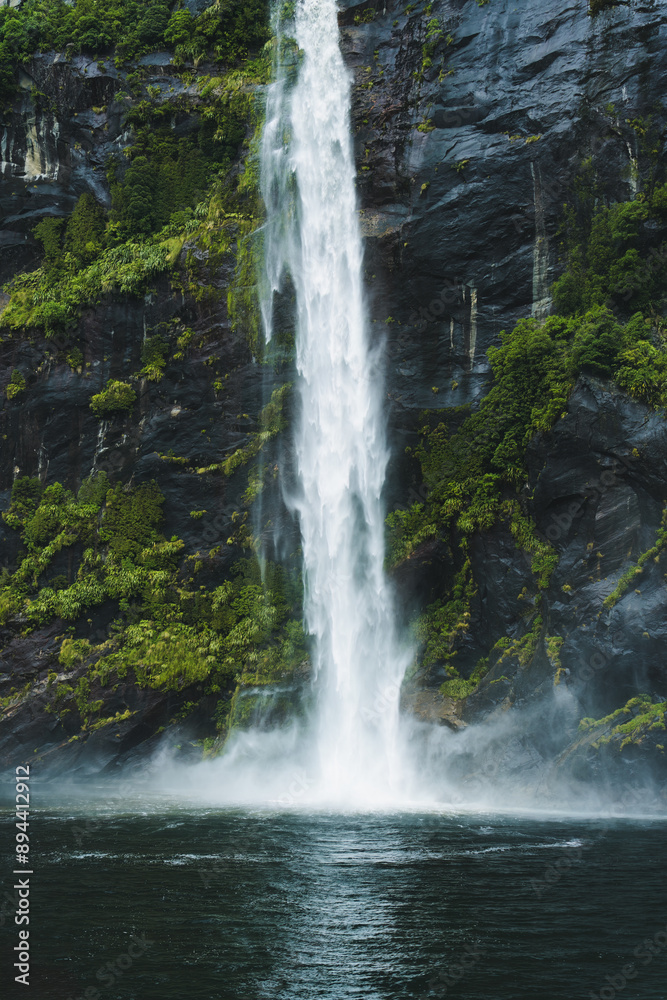 Moody waterfall flowing in tropical rainforest at Milford Sound Moody waterfall flowing in tropical rainforest at Milford Sound