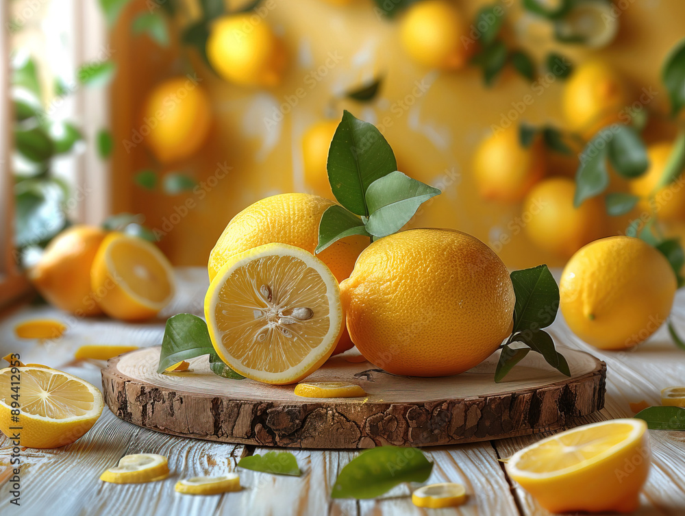 Top view of lemon decorated with transparent podium and green leaf blank space for advertising Top view of lemon decorated with transparent podium and green leaf blank space for advertising