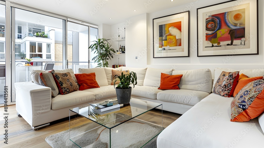 Fototapeta premium Open plan living area including corner sofa image