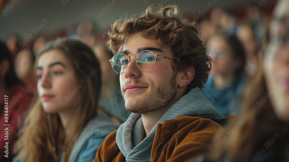 A focused college student attending a lecture in a crowded classroom A focused college student attending a lecture in a crowded classroom