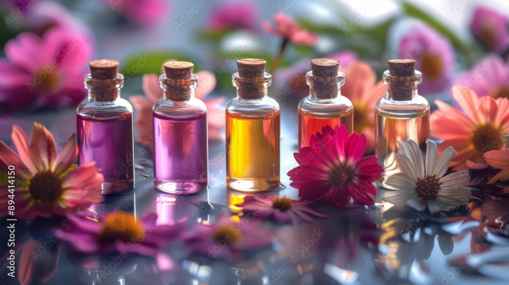 Essential Oil Bottles with Flowers Essential Oil Bottles with Flowers