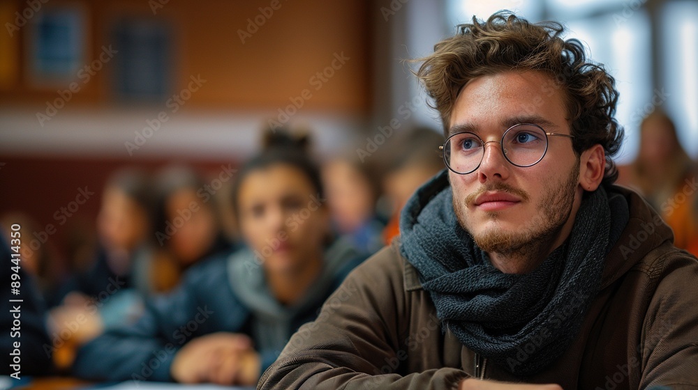 A man with glasses and a beard is sitting in a classroom A man with glasses and a beard is sitting in a classroom