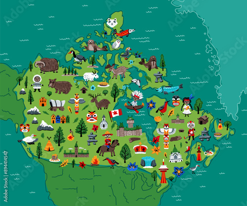 Vector hand drawn stylized map of Canadian landmarks. Canada travel illustration. North America map