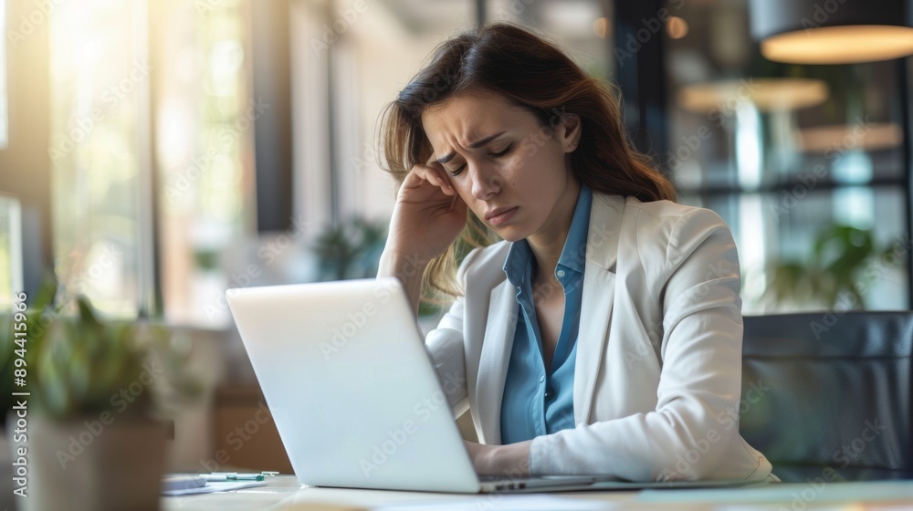 Fototapeta premium Doctor visits, stress, and burnout a hospital woman with a headache using a laptop. Medical, mental health, and clinic with a female doctor