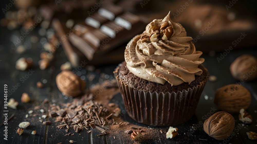 Cupcake with frosting and pieces of nuts image