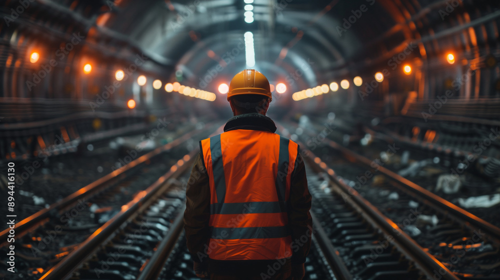 A worker in an orange vest and hard hat stands on the railroad tracks, looking at the camera with his back to us. In front of him is another train track, illuminated by lights from A worker in an orange vest and hard hat stands on the railroad tracks, looking at the camera with his back to us. In front of him is another train track, illuminated by lights from