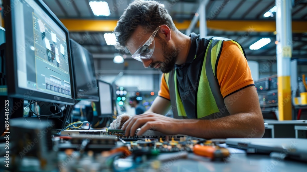 Information technology, motherboard circuit, and semiconductor chip repair. CPU system repair, service industry, or IT guy fixing microchip in lab Information technology, motherboard circuit, and semiconductor chip repair. CPU system repair, service industry, or IT guy fixing microchip in lab