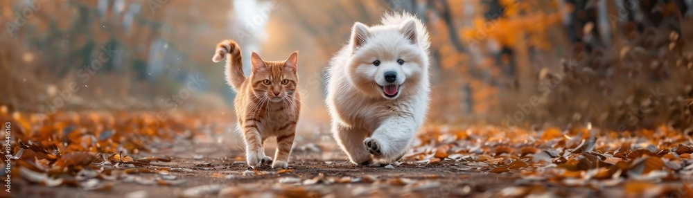 Adorable Cat and Fluffy Dog Running Together on a Leaf-Covered Path in Autumn Forest Adorable Cat and Fluffy Dog Running Together on a Leaf-Covered Path in Autumn Forest
