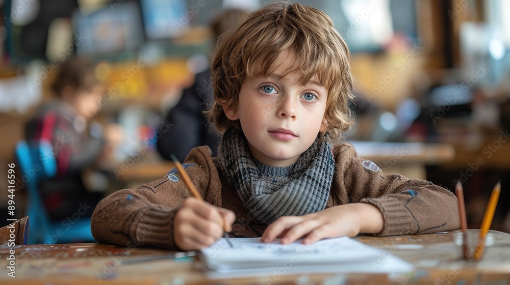A boy is sitting at a desk with a pencil and a piece of paper A boy is sitting at a desk with a pencil and a piece of paper