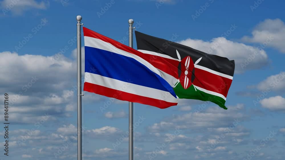Kenya and Thailand flags flying together, video concept of the relationship, two country relations concept Kenya and Thailand flags flying together, video concept of the relationship, two country relations concept