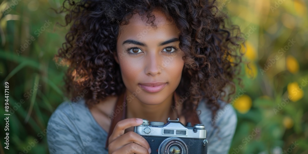 Curly-haired mixed-race girl taking artistic photographs using a vintage film camera. One female hobbyist or professional photographer peering through viewfinder.