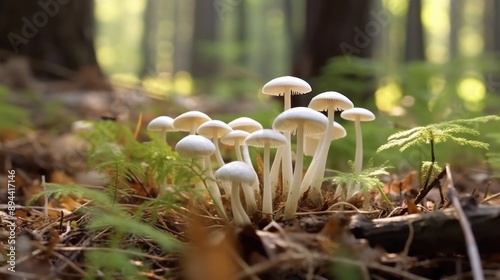 White Mushrooms in a Forest
