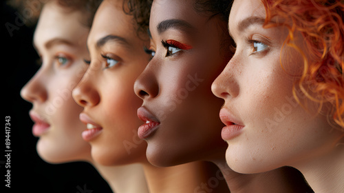 Face parts of different ethnicity women copy space. Generative AI
