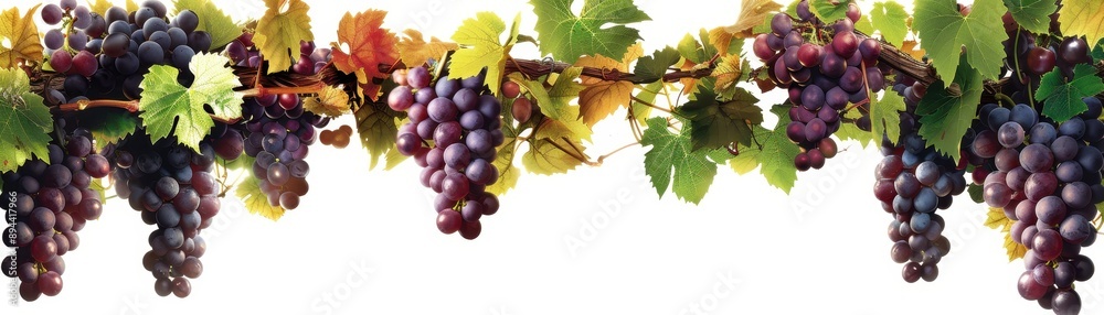 Obraz premium Vibrant Bunches of Grapes Hanging from Vines with Green Leaves on a White Background