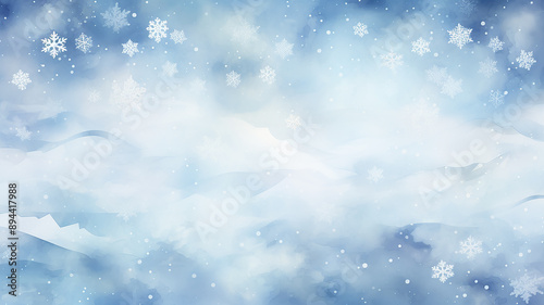 winter postcard blank form watercolor drawing, landscape in blue tones, covered with snow, snowfall in light blue tones abstract blurred background