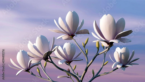 A stunning minimalist image of magnolia flowers in full bloom, set against a soft spring background, evoking a classic and elegant theme. 