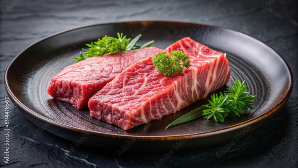 Juicy tender slice of premium Japanese wagyu beef placed elegantly on a black ceramic plate with artistic garnishes. Juicy tender slice of premium Japanese wagyu beef placed elegantly on a black ceramic plate with artistic garnishes.
