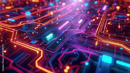 A futuristic abstract background with circuit board patterns and glowing, neon elements