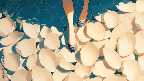 Top down view of female shoes walking on eggshells anime style art photo