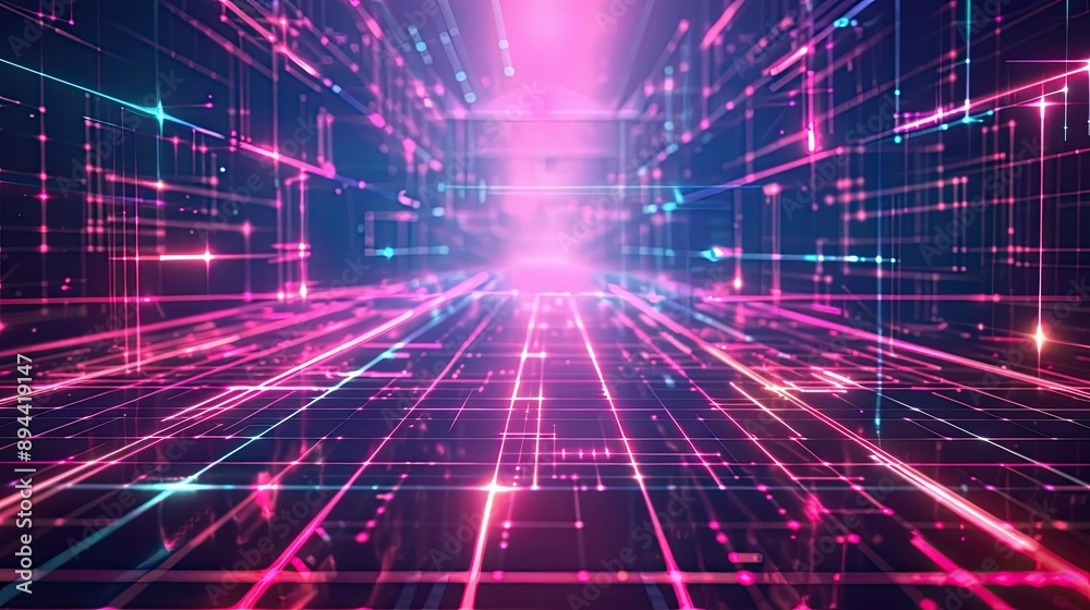A futuristic background with neon lines and a digital grid pattern on a dark backdrop A futuristic background with neon lines and a digital grid pattern on a dark backdrop