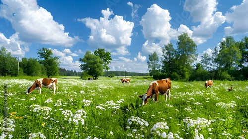 Cows grazing on a green meadow