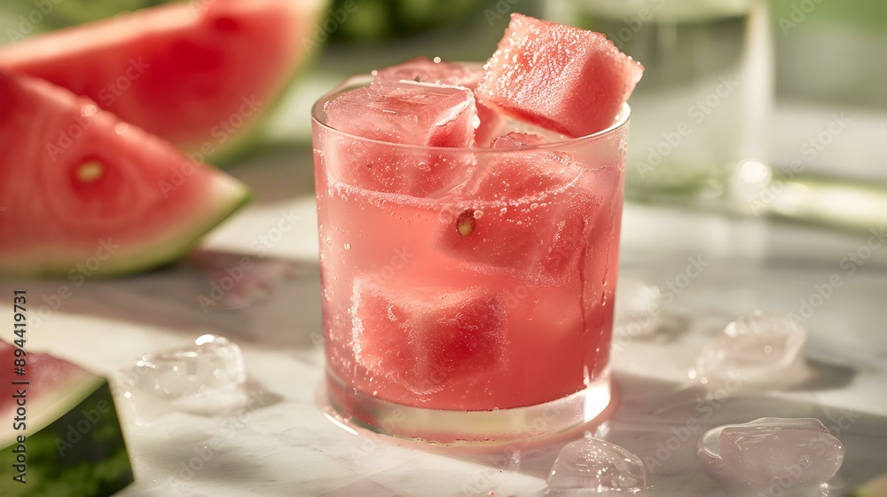 Watermelon ice cubes added to a glass Watermelon ice cubes added to a glass