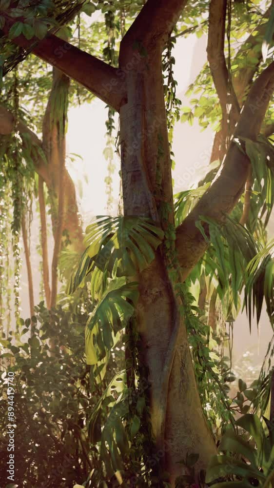 A large tree stands prominently in the heart of a dense forest, surrounded by lush greenery and towering over the other trees. A large tree stands prominently in the heart of a dense forest, surrounded by lush greenery and towering over the other trees.