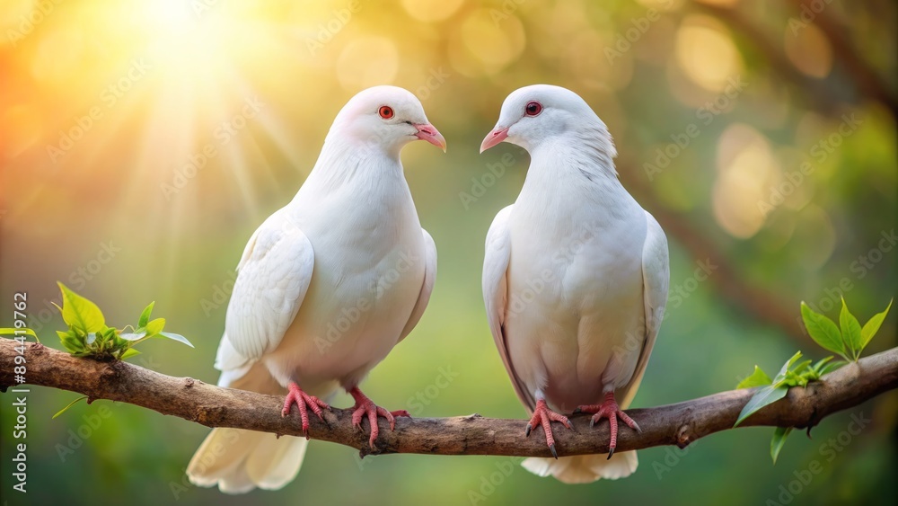 Fototapeta premium Tender moment of two white doves perched on branch, gazing lovingly, their soft feathers and gentle eyes exuding warmth.
