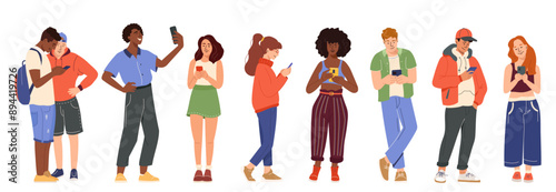 Set of young characters using mobile phone, chatting, scrolling, surfing internet Smartphone social network communication concept Vector illustration youth men and women holding, looking at smartphone