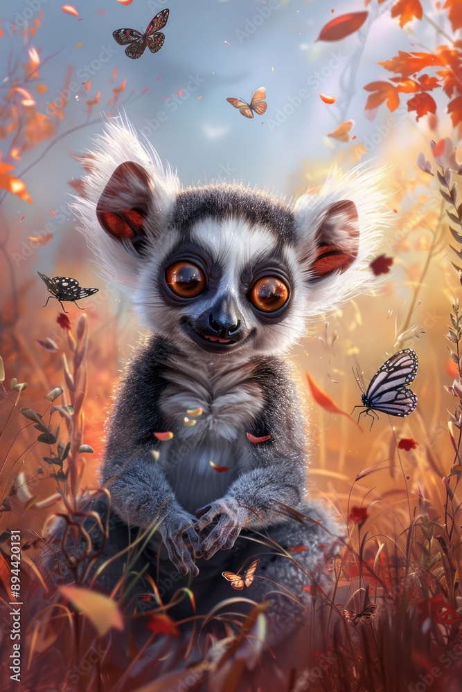 Lemur with Big Eyes in Autumnal Setting Lemur with Big Eyes in Autumnal Setting