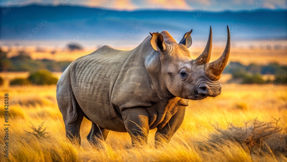 Fototapeta premium Majestic adult black rhinoceros with distinctive horns and battle-scarred skin stands proudly in a dry savannah landscape.