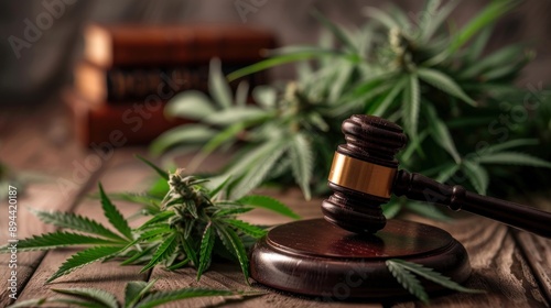 Cannabis leaf and wooden judge's gavel on the table, Concept of law for marijuana or Cannabis photo