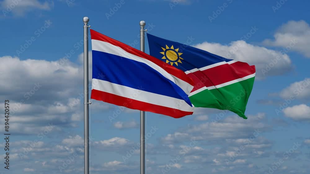Thailand and Namibia flags flying together, video concept of the relationship, two country relations concept Thailand and Namibia flags flying together, video concept of the relationship, two country relations concept