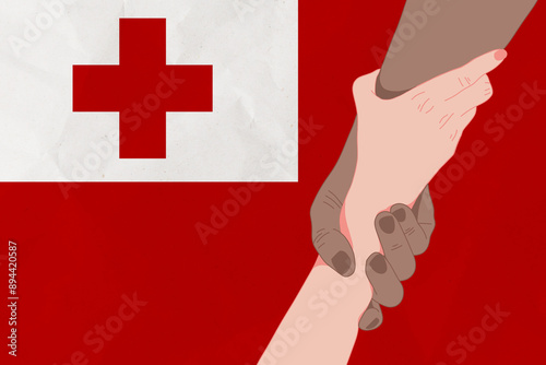 Helping hand against the Tonga flag. The concept of support. Two hands taking each other. A helping hand for those injured in the fighting, lend a hand photo