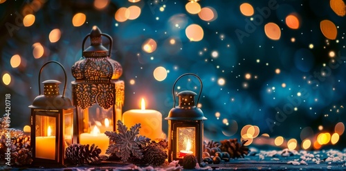 Candles and lanterns with sparkling lights create a warm, inviting atmosphere, casting a gentle, flickering glow.