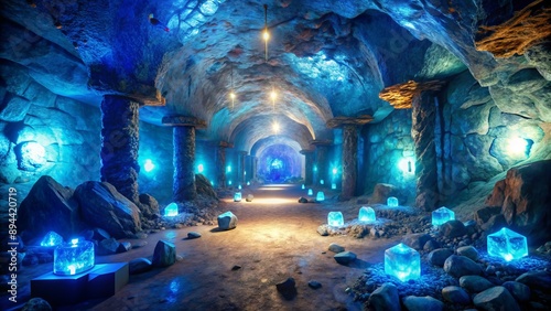 A lavish, ornate, ancient mine chamber gleams with glittering blue cobalt ore, symbolizing responsible, eco-friendly procurement practices digitally rendered.