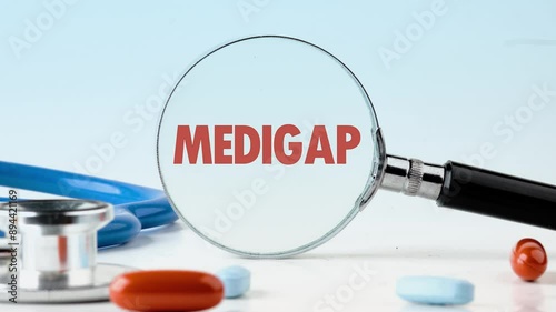 Animation of the word MEDIGAP through a magnifying glass on a blue background. The concept of health photo