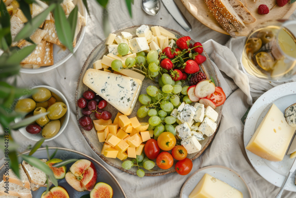 Overhead View of a Cheese Platter With Fresh Fruit Overhead View of a Cheese Platter With Fresh Fruit