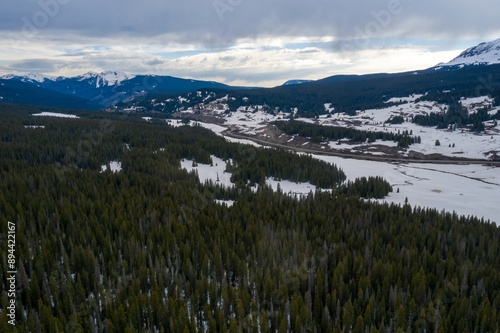 Snowy mountains and forest along Lizard Head Pass on Highway 145, Colorado, United States of America.