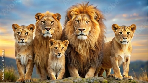 Regal lion family consisting of male, female, and cubs with golden fur, majestic manes, and piercing eyes standing together proudly.