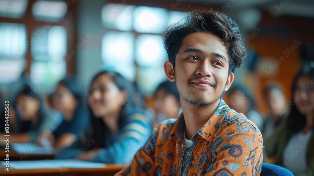 Obraz premium A young man with a smile on his face is sitting in a classroom with other students
