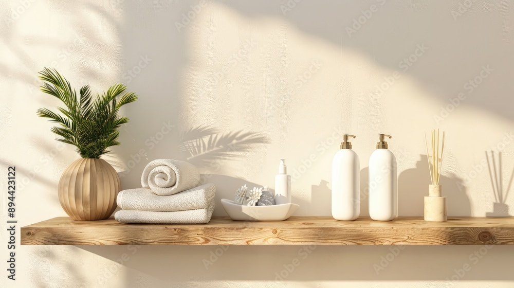 Shelf with spa items and central blank space Shelf with spa items and central blank space
