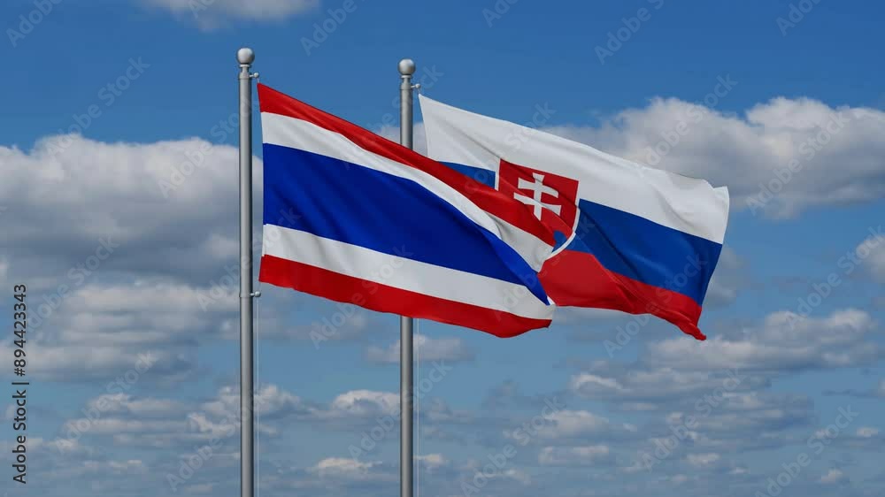 Slovak Republic or Slovakia and Thailand flags flying together, video concept of the relationship, two country cooperation concept Slovak Republic or Slovakia and Thailand flags flying together, video concept of the relationship, two country cooperation concept
